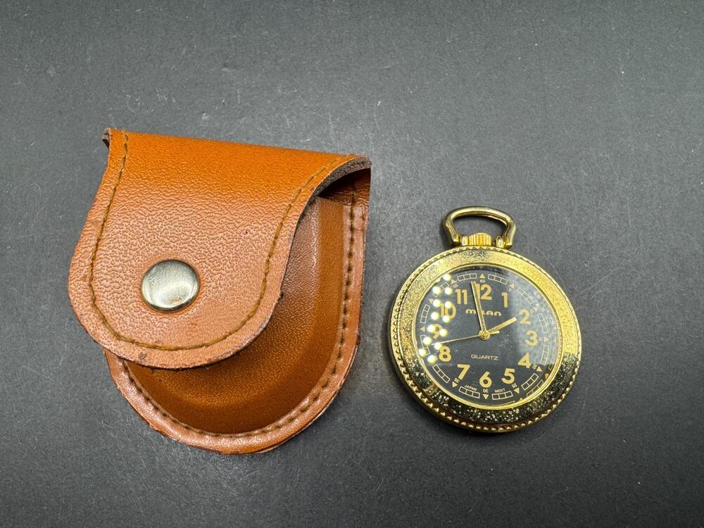 Vtg Milan Men’s Quartz Pocket Watch Black Dial w/ Leather Case 41.6mm MLN1070